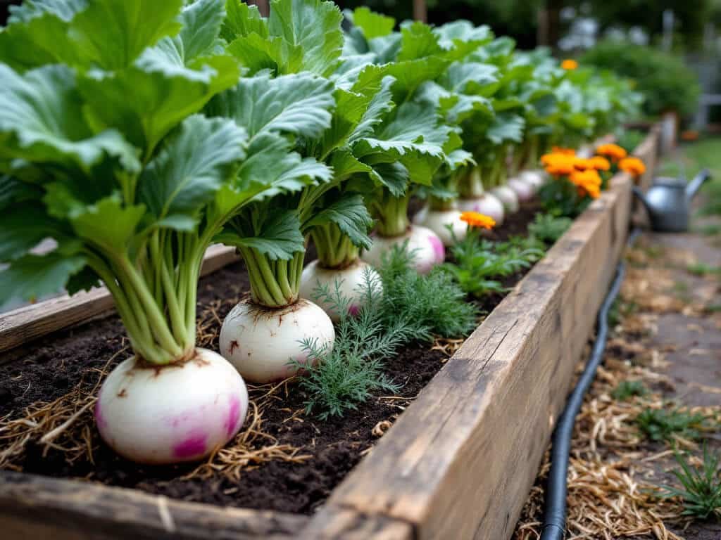 Turnips growing in a raised bed beside bunching green onions, dill, and marigolds.