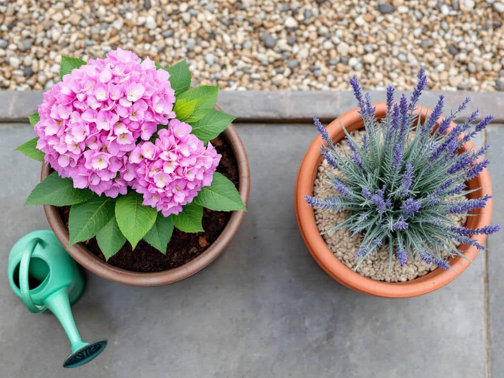 A potted hydrangea in damp soil and a separate pot of lavender in dry gravelly soil on a patio, seen from above.