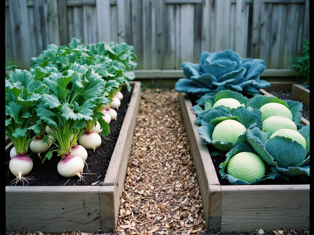 Turnips in one raised bed and cabbage and broccoli in a separate bed next to it.