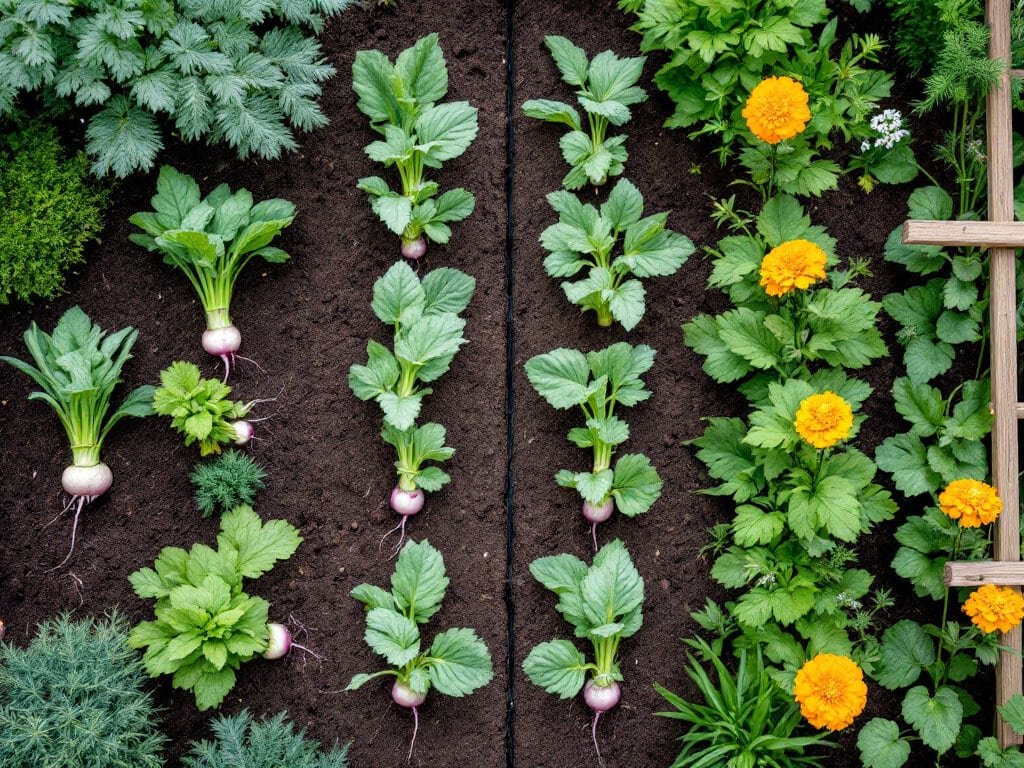Top-down view of a turnip row with onions, dill, marigolds, thyme, and a pea trellis.