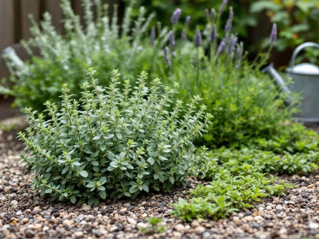 Sweet marjoram growing in a garden bed beside sage and creeping thyme in well-drained gravelly soil.