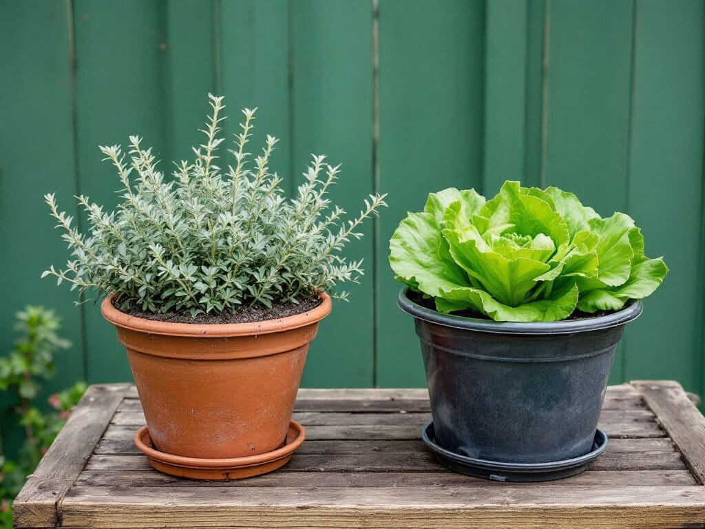 Marjoram in a dry terracotta pot next to a separate pot of lettuce in moist soil on a garden bench.