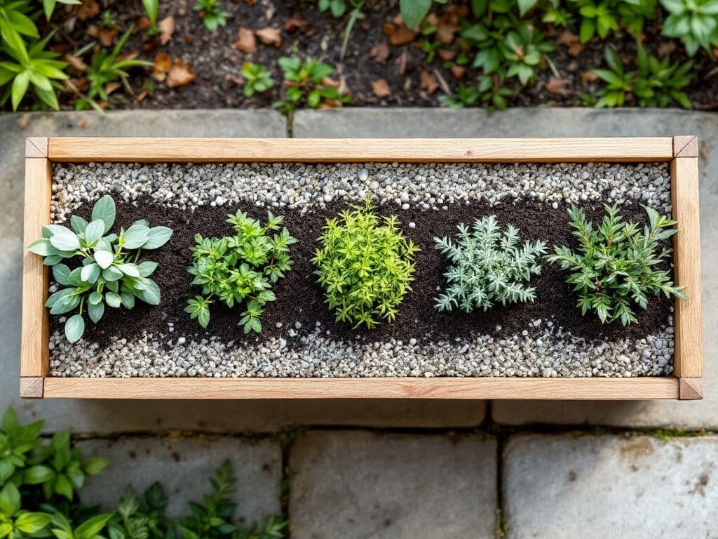 Top-down view of a wooden planter with marjoram, sage, thyme, oregano and winter savory spaced apart.
