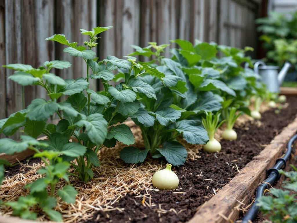 Edamame plants with green pods growing in a raised bed beside lacinato kale and pale green kohlrabi.