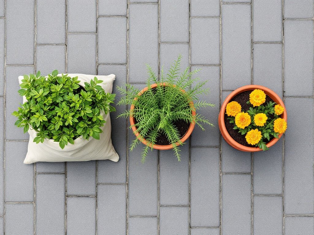 Edamame, fennel, and French marigolds growing in three separate containers on a patio.