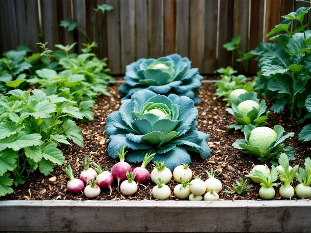Raised bed layout with edamame, broccoli, cabbage, turnips, and kohlrabi spaced apart with mulch and a drip line.