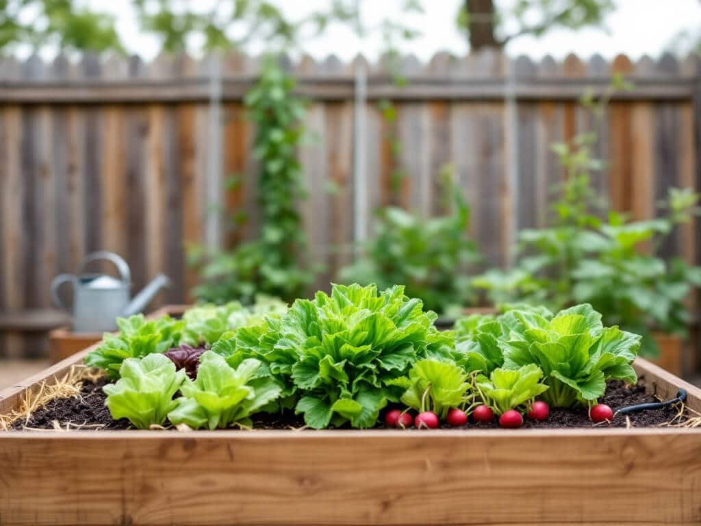 Caraway growing in a raised bed with lettuce, radishes, and peas on a trellis.