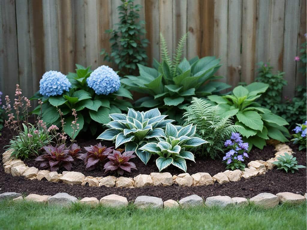 Layered garden bed with a hydrangea at the back, hostas and fern in the middle, and coral bells and geranium in front.