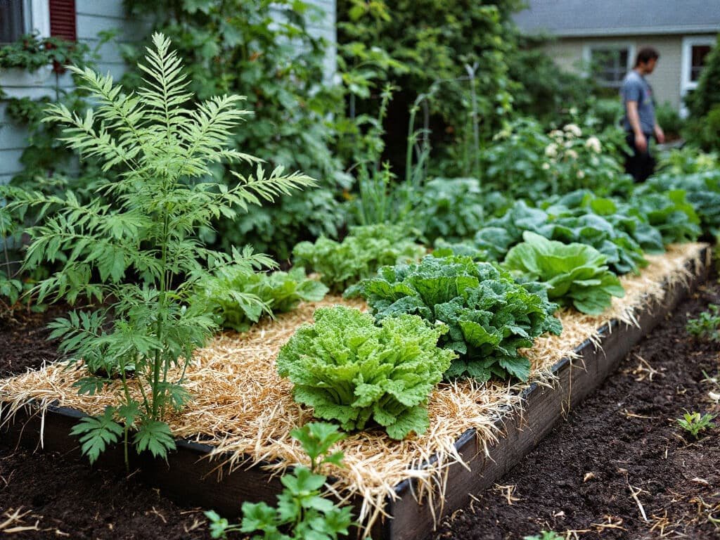 Raised bed with caraway at the rear and radishes, lettuce, spinach, beans, peas, and kale spaced around it.