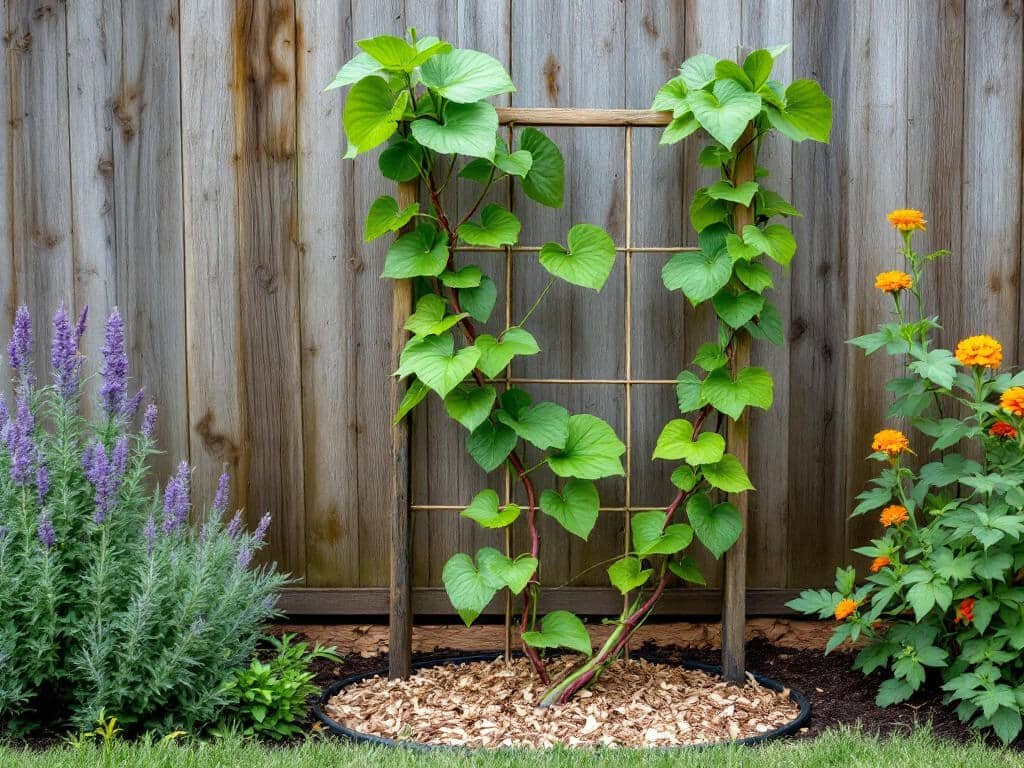 Kiwi vine on a wooden trellis with lavender, marigolds and a blueberry shrub growing in the bed below.