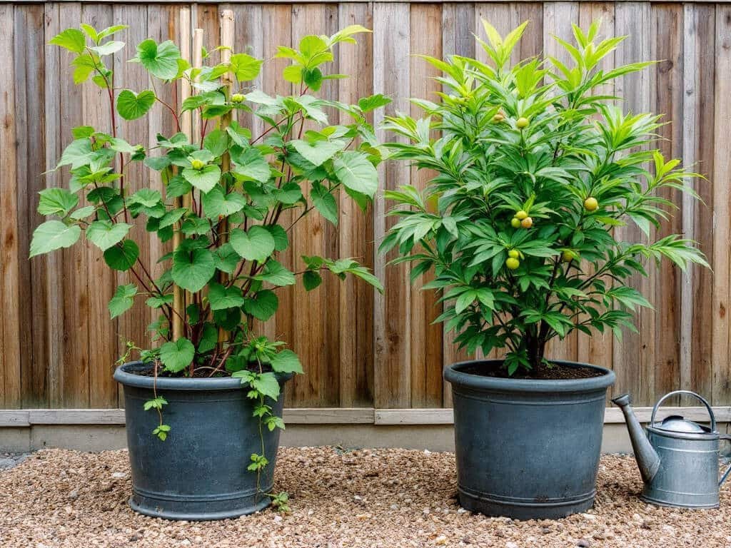 A kiwi vine and a young black walnut sapling growing in separate containers side by side on a patio.