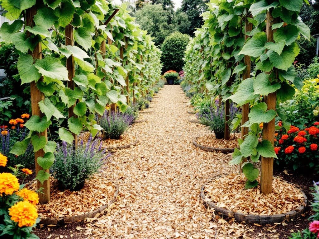 Two kiwi vines on a long trellis with mulched trunk zones and lavender, lemon balm, marigolds and geraniums set back.