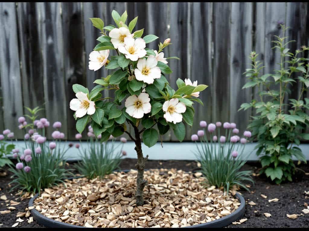 Young quince tree in spring blossom with chives and comfrey growing beyond its wood-chip mulch ring in a garden border.