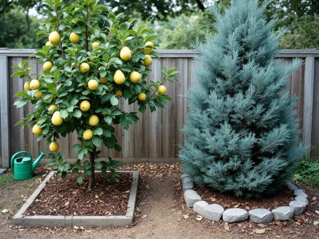 A young quince tree with yellow fruit and a juniper shrub growing in two separate garden beds side by side.