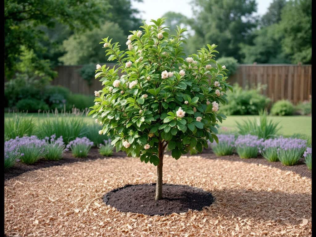 Young quince tree in a wide mulch ring with chives and garlic planted beyond it in a sunny home garden bed.