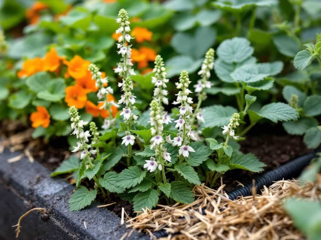Flowering catnip growing beside nasturtium and sage at the edge of a raised vegetable bed with mulch and a drip line.