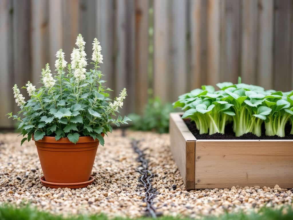 A potted catnip plant in dry soil placed apart from a raised bed of celery growing in damp soil.