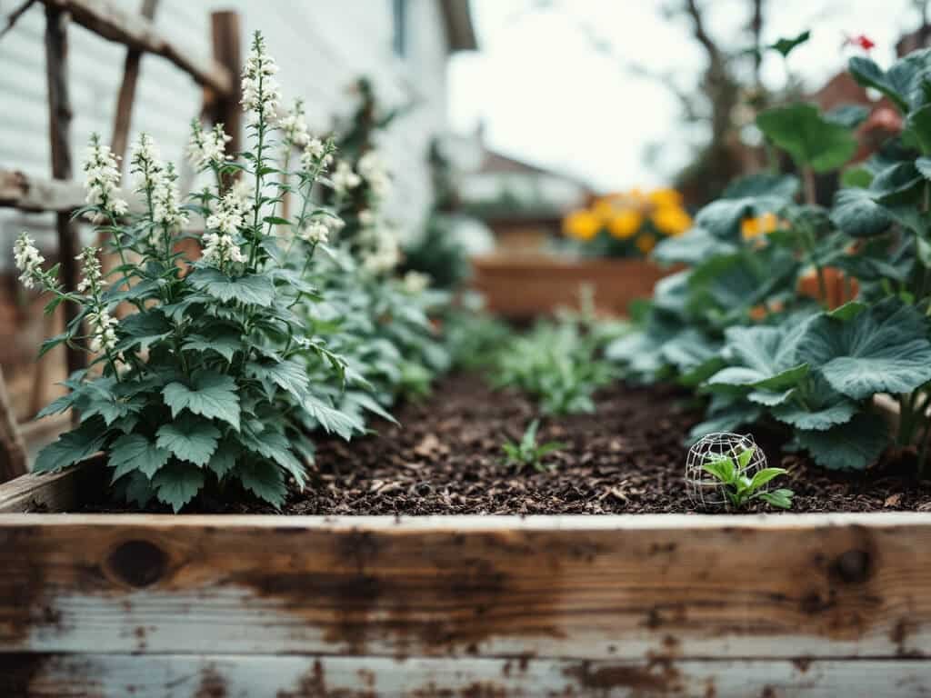 Raised bed with catnip at the corner, a mulched gap, and rows of bush beans and cabbage, plus a wire-covered catnip seedling.