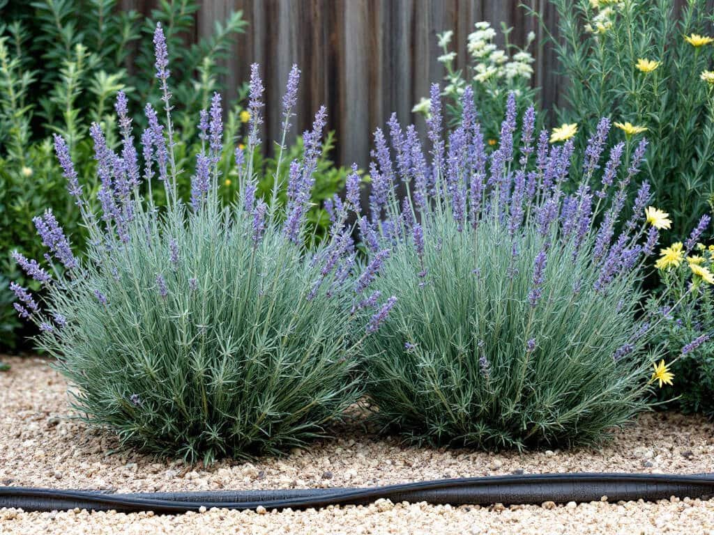 English lavender growing in a gravelly bed beside rosemary, creeping thyme, and yellow-flowered yarrow.