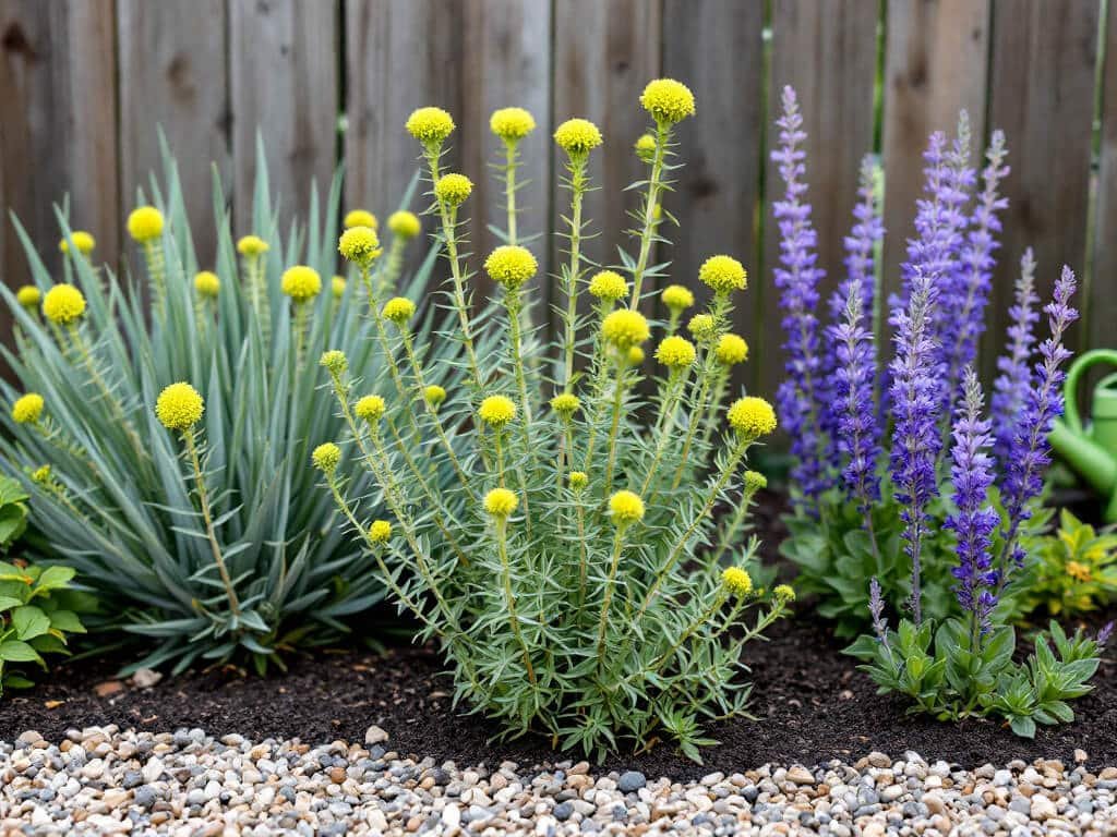 Euphorbia characias growing in a sunny garden border beside lavender and blue-violet salvia in gravel-mulched soil.