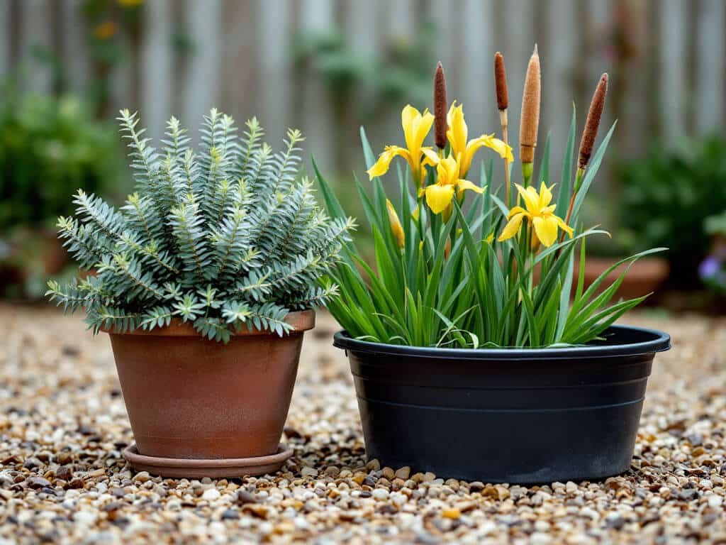 Euphorbia in a dry terracotta pot beside a tub of water iris and cattail standing in water.