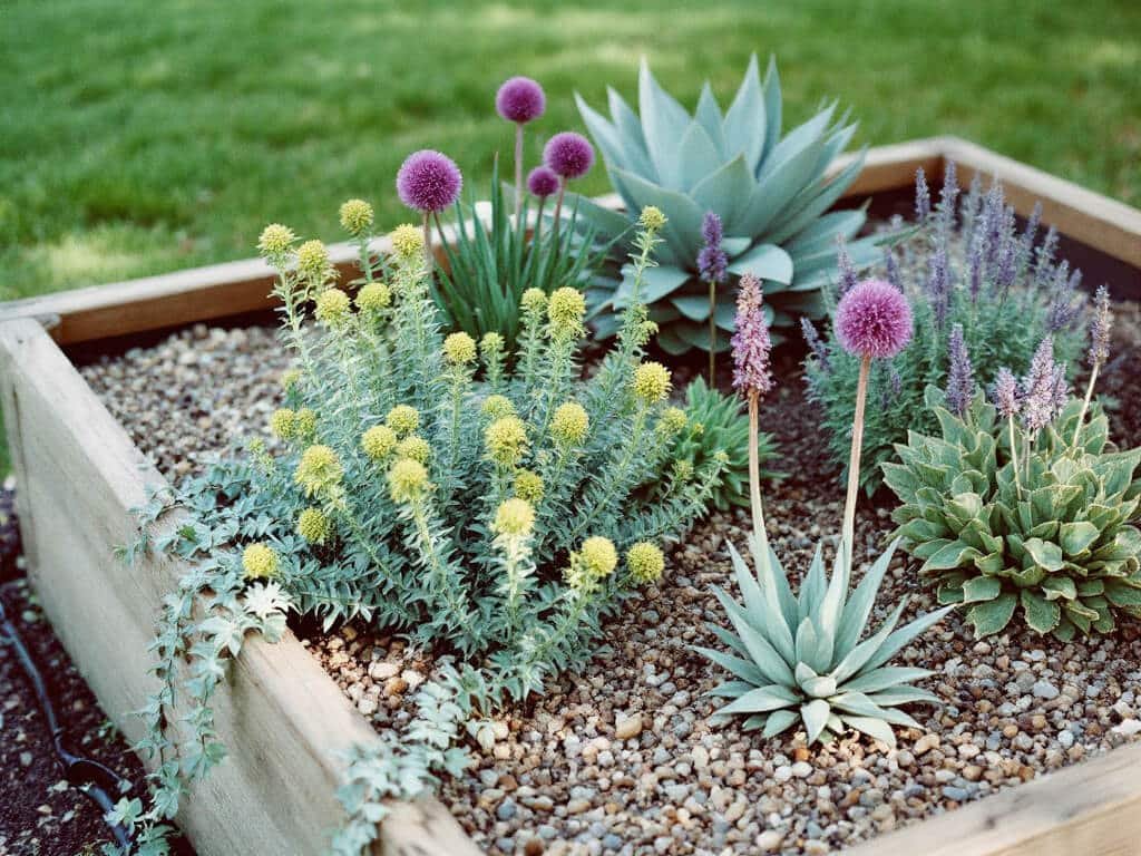 Raised gravel bed with Euphorbia myrsinites, alliums, sedum and lavender spaced apart with a drip line along the edge.