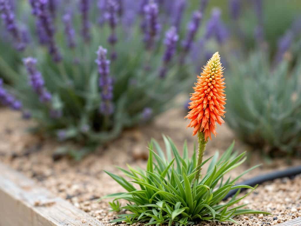 Red-orange kangaroo paw flowers growing with purple lavender and creeping thyme in a raised bed of sandy soil.