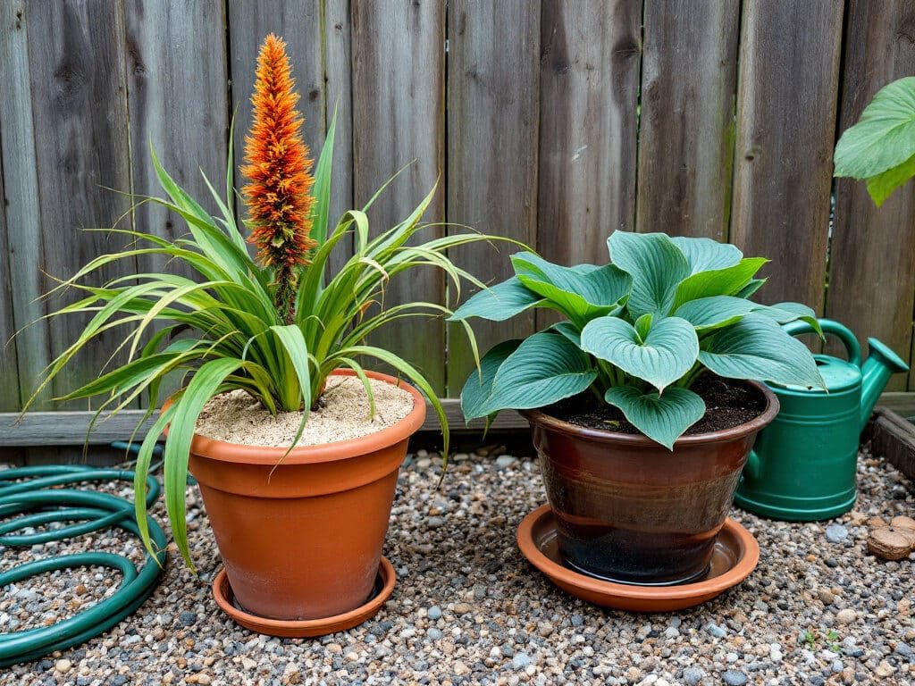 Kangaroo paw in a dry terracotta pot beside a hosta in a wet glazed pot on a gravel patio.