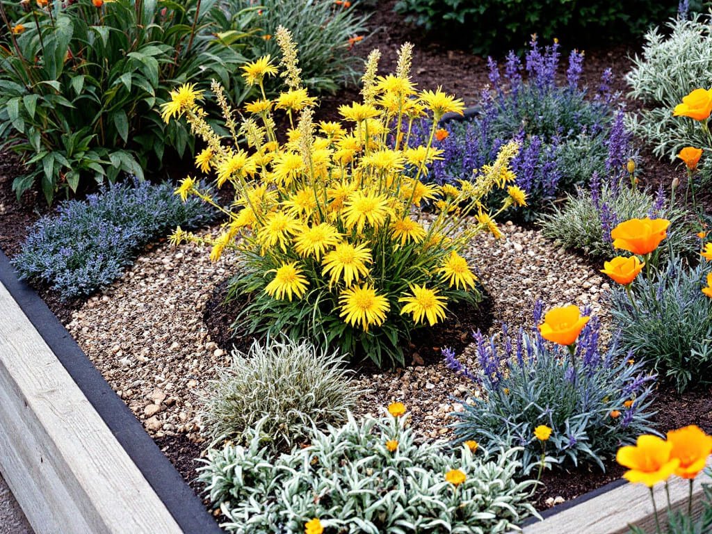 Raised bed with a central kangaroo paw ringed by yarrow, salvia, thyme, blue fescue and California poppies.