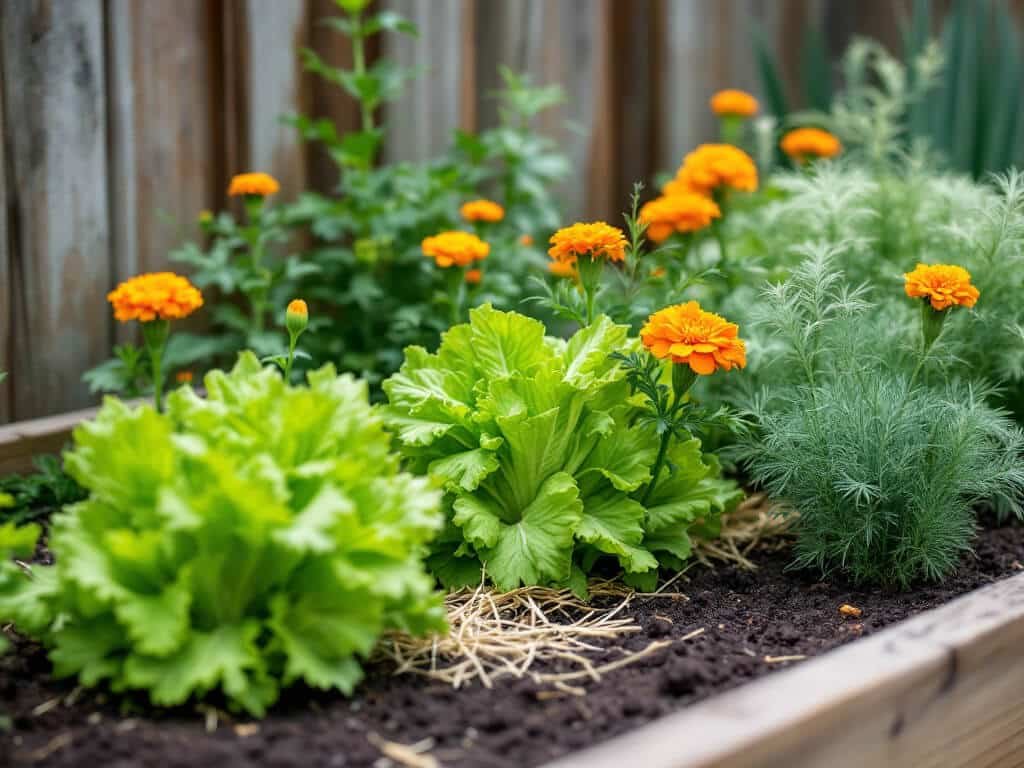 Ruffled-leaf mustard growing in a raised bed beside bunching onions, dill, and French marigolds.