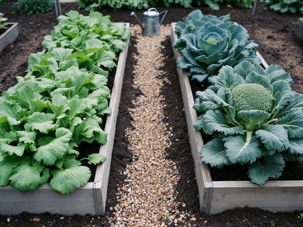 Mustard in one raised bed and broccoli and kale in a separate bed beside it, with a gravel path between.
