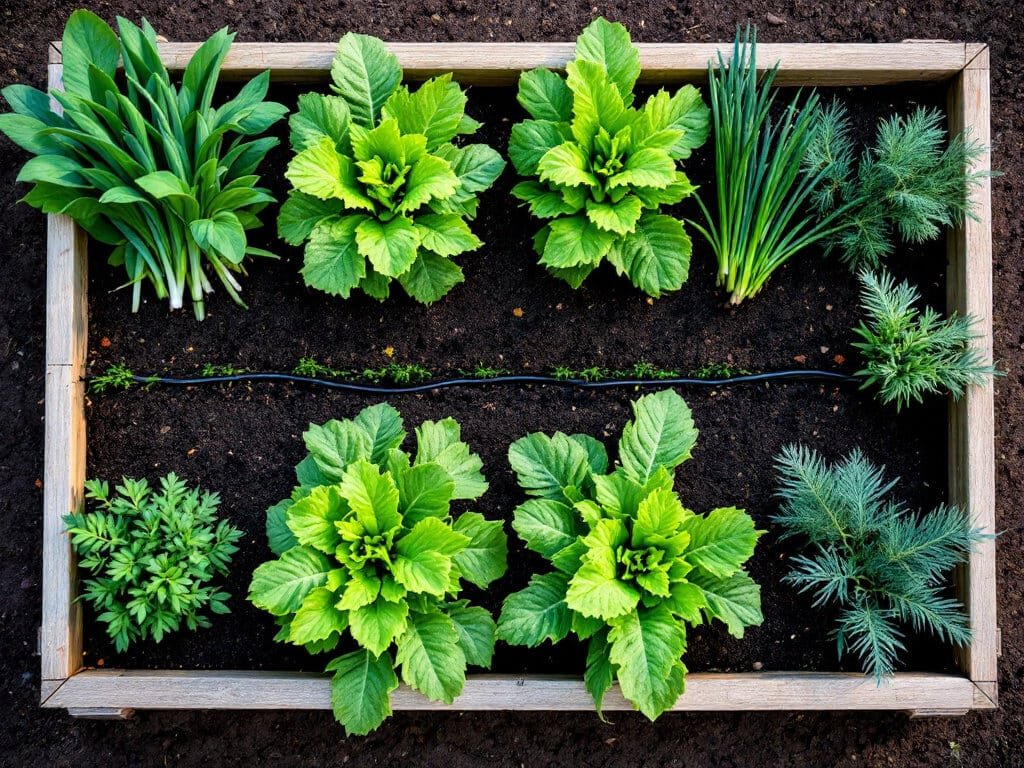 Top-down view of a raised bed with evenly spaced mustard rows, bunching onions at one end, and dill at the other.