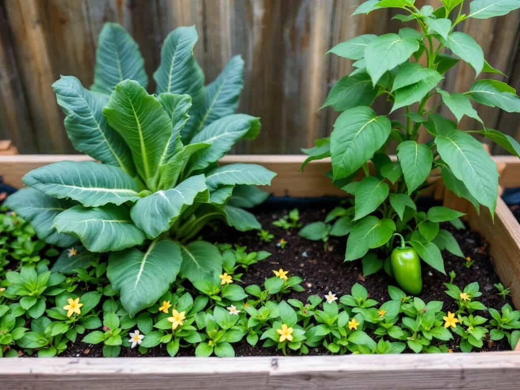 Purslane mat growing between collards and a pepper plant in a raised vegetable bed with bare soil around each stem.