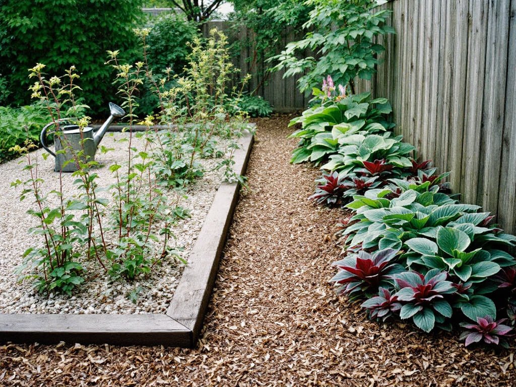 Purslane in a sunny gravelly raised bed beside a separate shaded bed of hostas and coral bells.