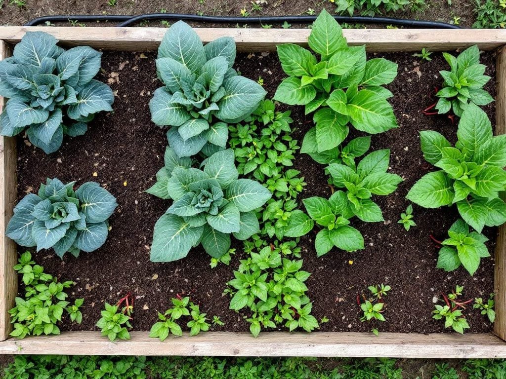 Top-down view of a raised bed with purslane filling gaps between collards and peppers, leaving bare soil around each stem.