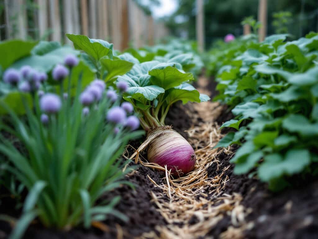 Rutabaga plants in a raised bed with adjacent rows of flowering chives and bush beans.