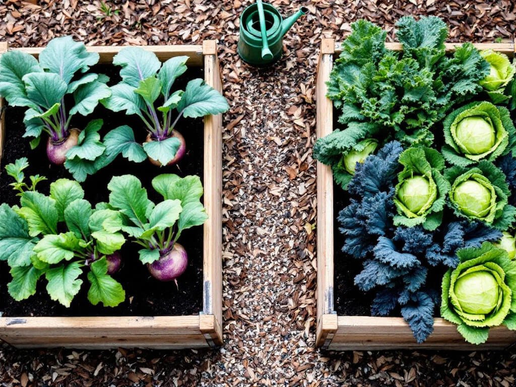 Rutabaga in one raised bed and kale and cabbage in a separate bed, shown from above with a path between.