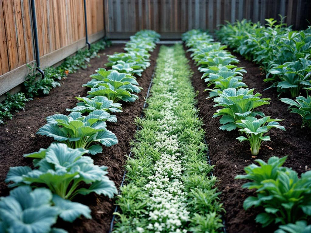 Evenly spaced rutabaga row beside separate rows of leeks, carrots and bush beans with a clover alley.