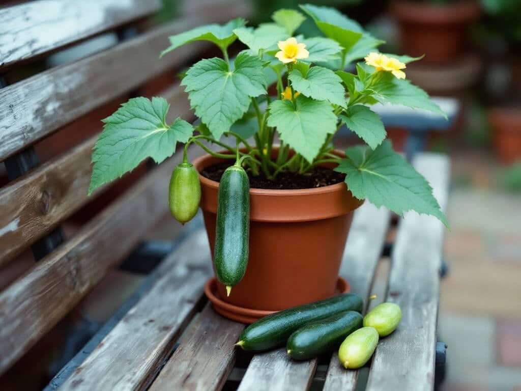 Compact bush cucumber plant in a terracotta pot beside a slicing cucumber and small pickling cucumbers on a bench.