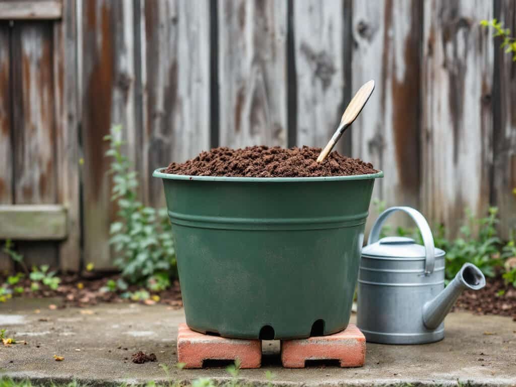 Large plastic pot filled with potting mix and raised on bricks, ready for planting cucumbers, with drainage holes visible.