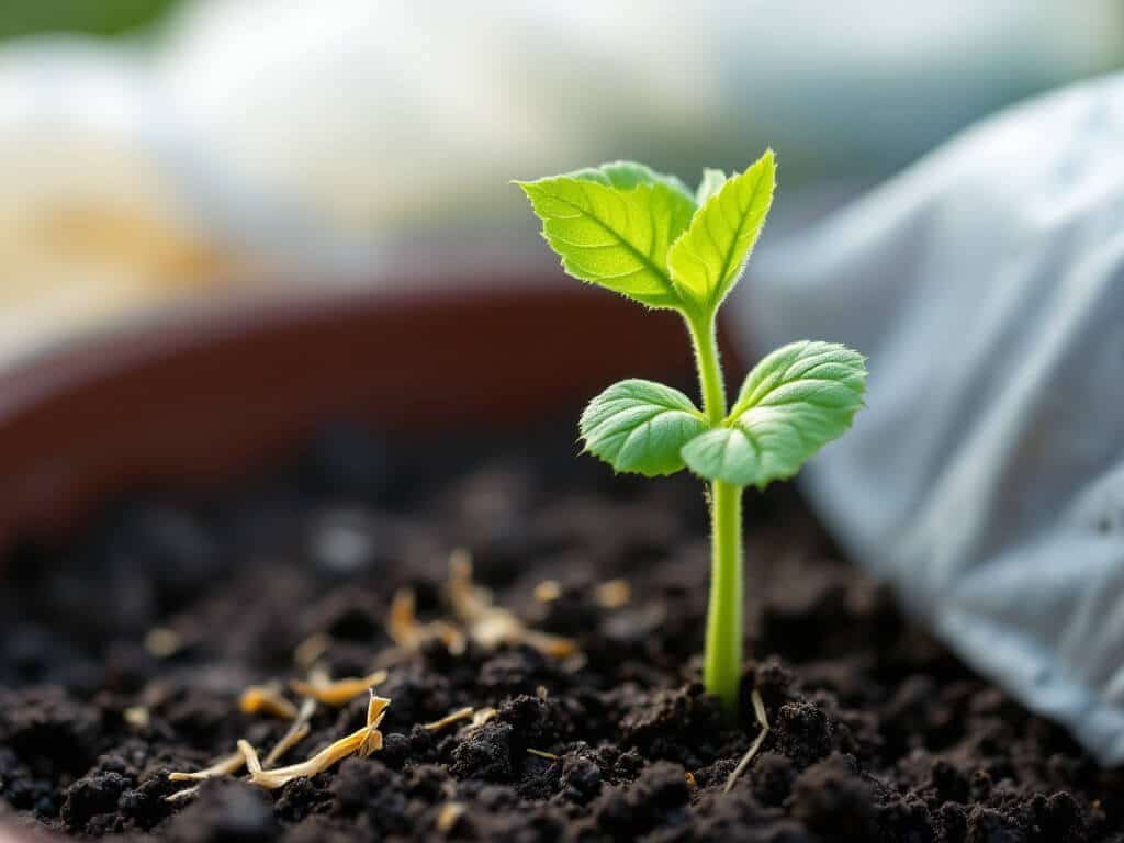 Close-up of a newly emerged cucumber seedling with two cotyledons in a pot, a folded row cover blurred behind.