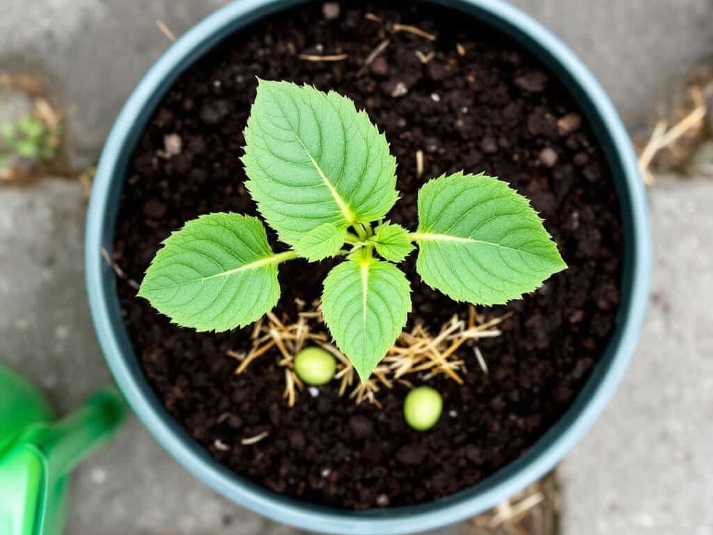 Top-down view of a transplanted cucumber seedling with three true leaves in a pot of dark potting mix.
