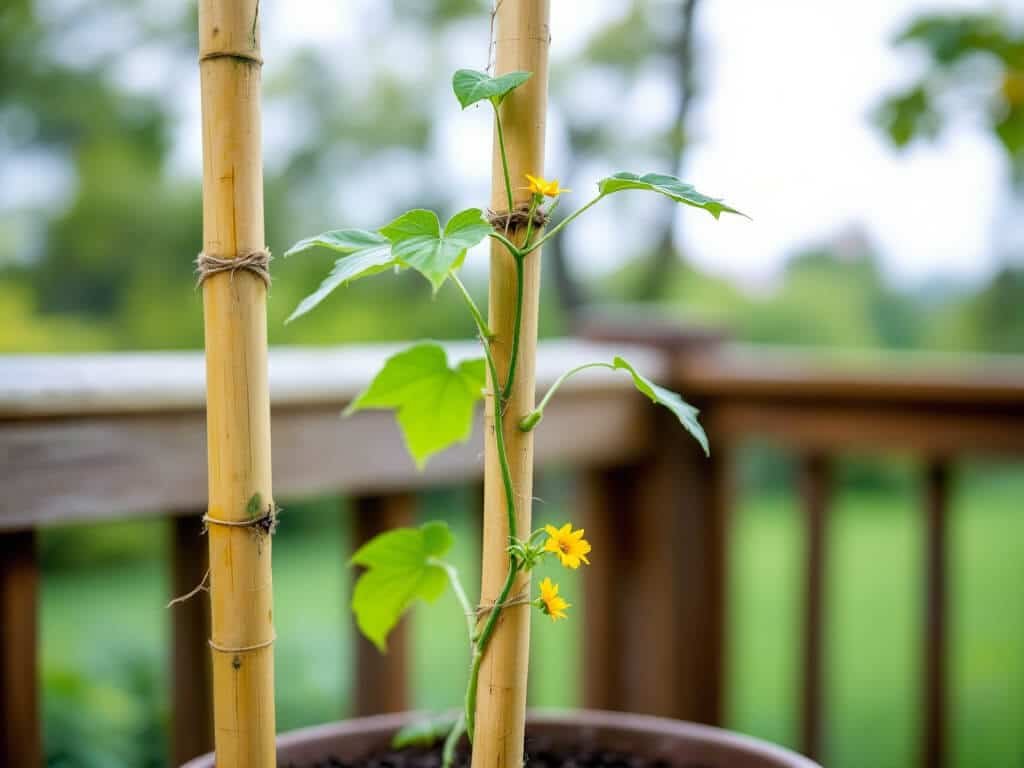 Young vining cucumber plant climbing a bamboo trellis with tendrils in a large pot on a wooden deck.