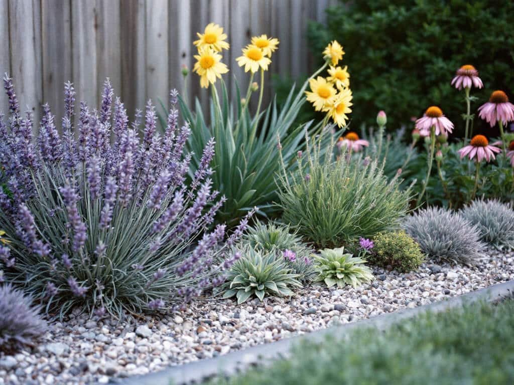 Lavender spaced in a garden border with thyme and sedum in front and yarrow and coneflower behind.