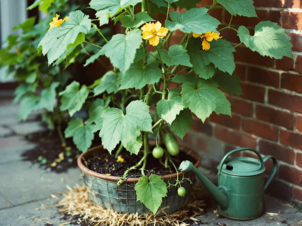 Potted cucumber vine on a wire cage with mulched, damp soil at the base and a watering can beside the pot.