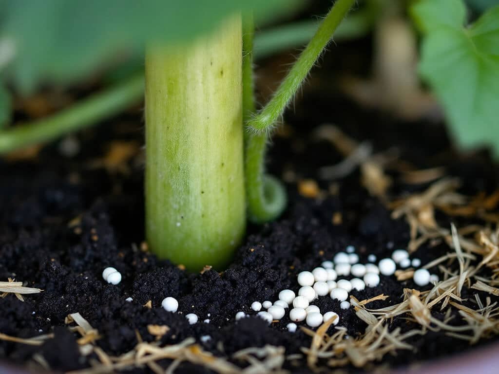 Close-up of fertilizer granules scattered on potting mix around a climbing cucumber stem in a pot.