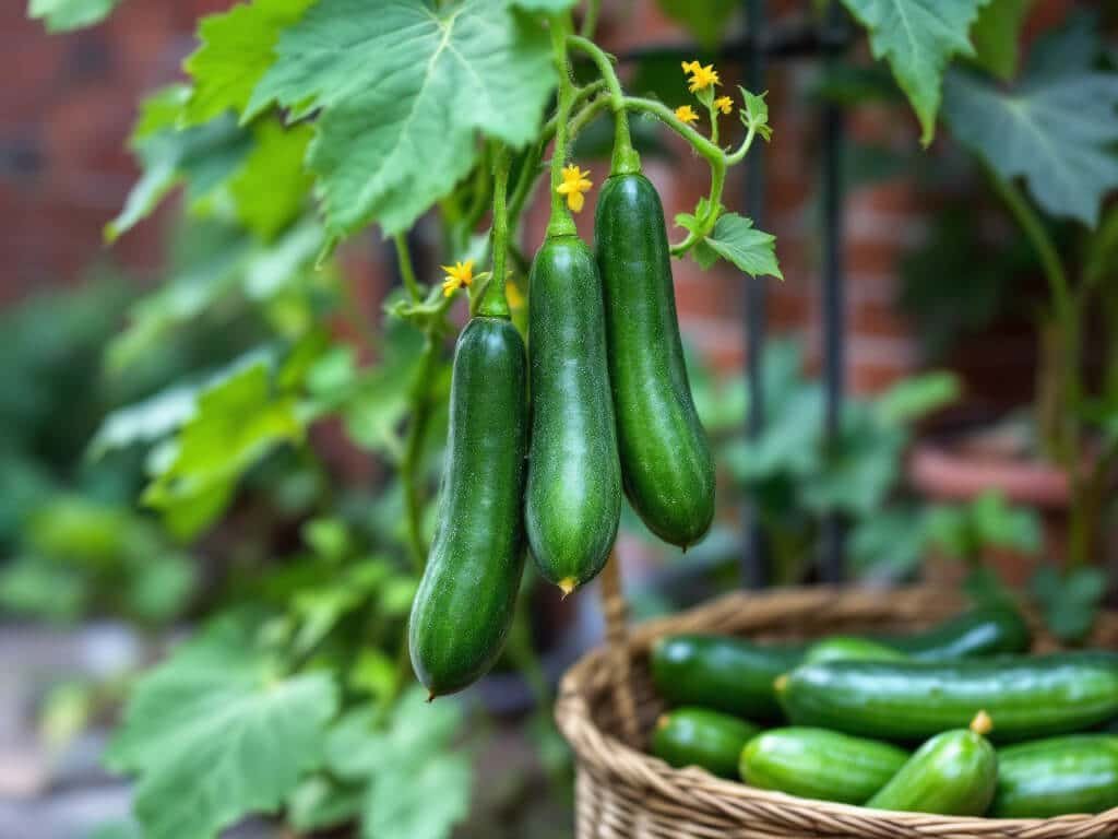 Ripe slicing cucumbers hanging on a trellised vine in a patio pot with a basket of picked cucumbers beside it.