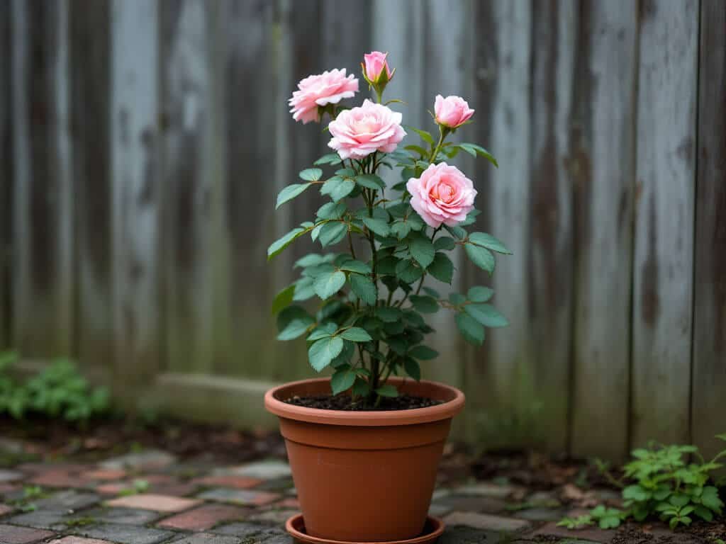 A compact pink patio rose flowering in a deep terracotta pot on a brick patio beside a wooden fence.