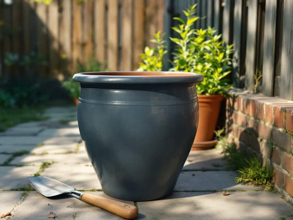 An empty grey pot on pot feet in a sunny, sheltered patio corner, ready to be filled for a container rose.