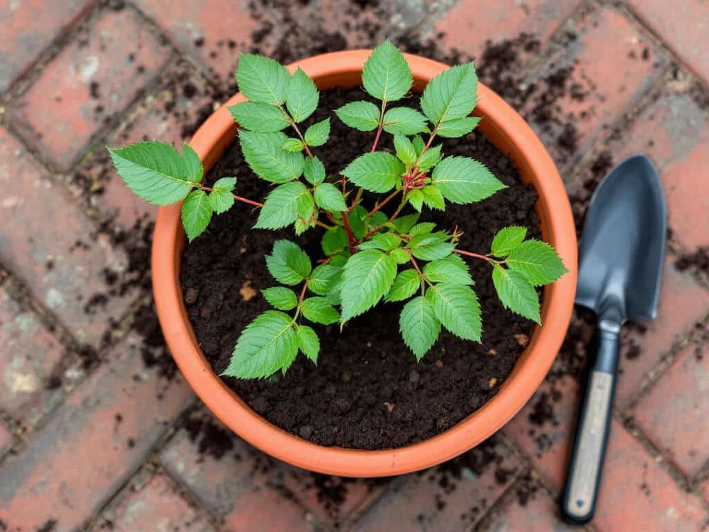 Top-down view of a newly planted young rose in a terracotta pot filled with fresh dark compost.